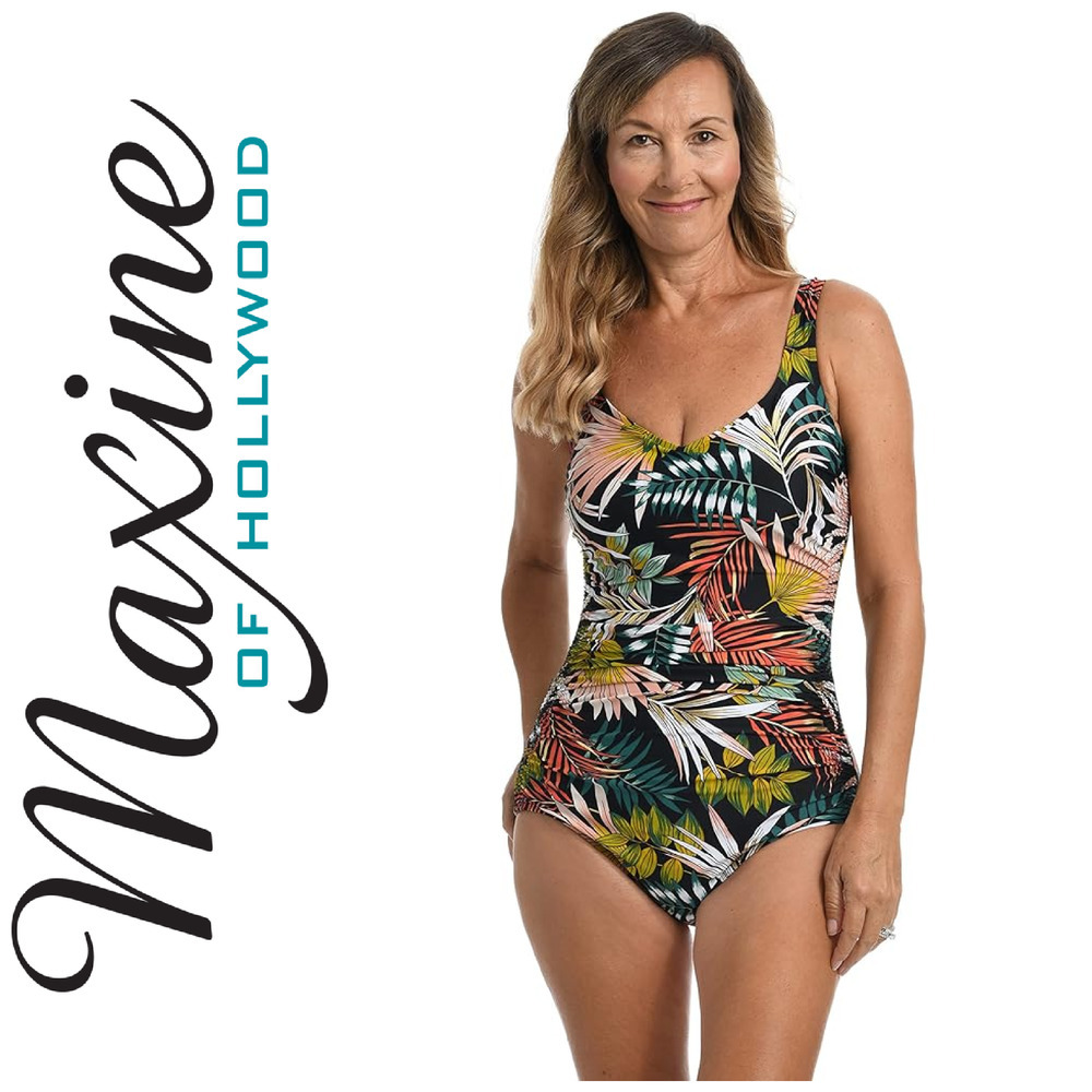 NEW Maxine of Hollywood Sz 16W Shirred Floral Girl Leg One Piece Swimsuit NWOT